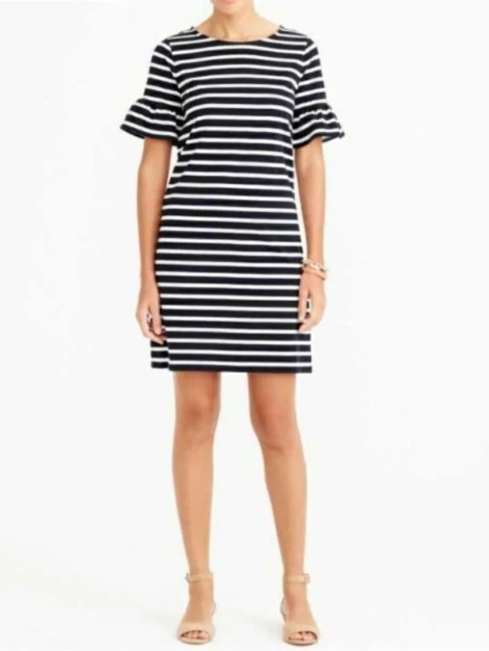J Crew Striped Ruffle Sleeve Striped Shift Dress Ivory/Black Size S 100% Cotton
